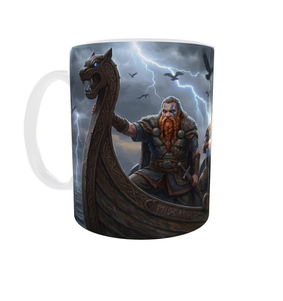 Wikinger Krieger auf Drachenschiff – Nordische Fantasy-Tasse