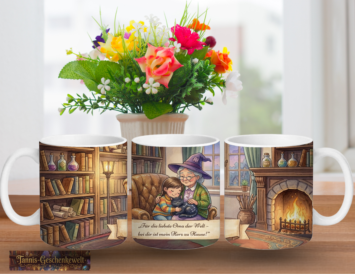 Oma mit lila Hexenhut und Enkelin sitzen zusammen in einem Sessel und streicheln eine schwarze Katze – im Hintergrund ein knisterndes Kaminfeuer und Regale voller Zauberbücher. Magische Keramiktasse "Liebste Oma der Welt".
