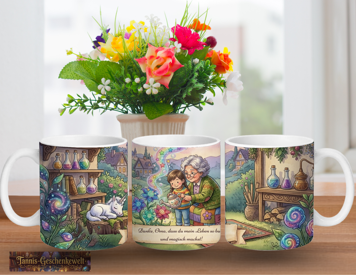 Oma und Enkelkind gießen gemeinsam Zauberpflanzen im magischen Garten – ein kleines Einhorn schlummert nebenan, bunte Zaubertränke gluckern auf dem Regal. Magische Keramiktasse "Danke, Oma" mit Spruch:
