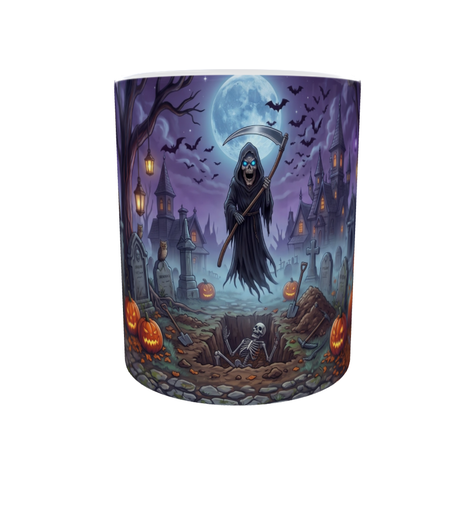 Sensenmann auf dem Friedhof – Gruselige Halloween-Tasse
