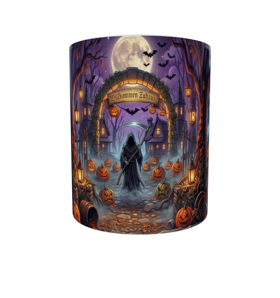 Halloween-Eingang mit Sensenmann – Gruselige Tasse Willkommen Zuhause