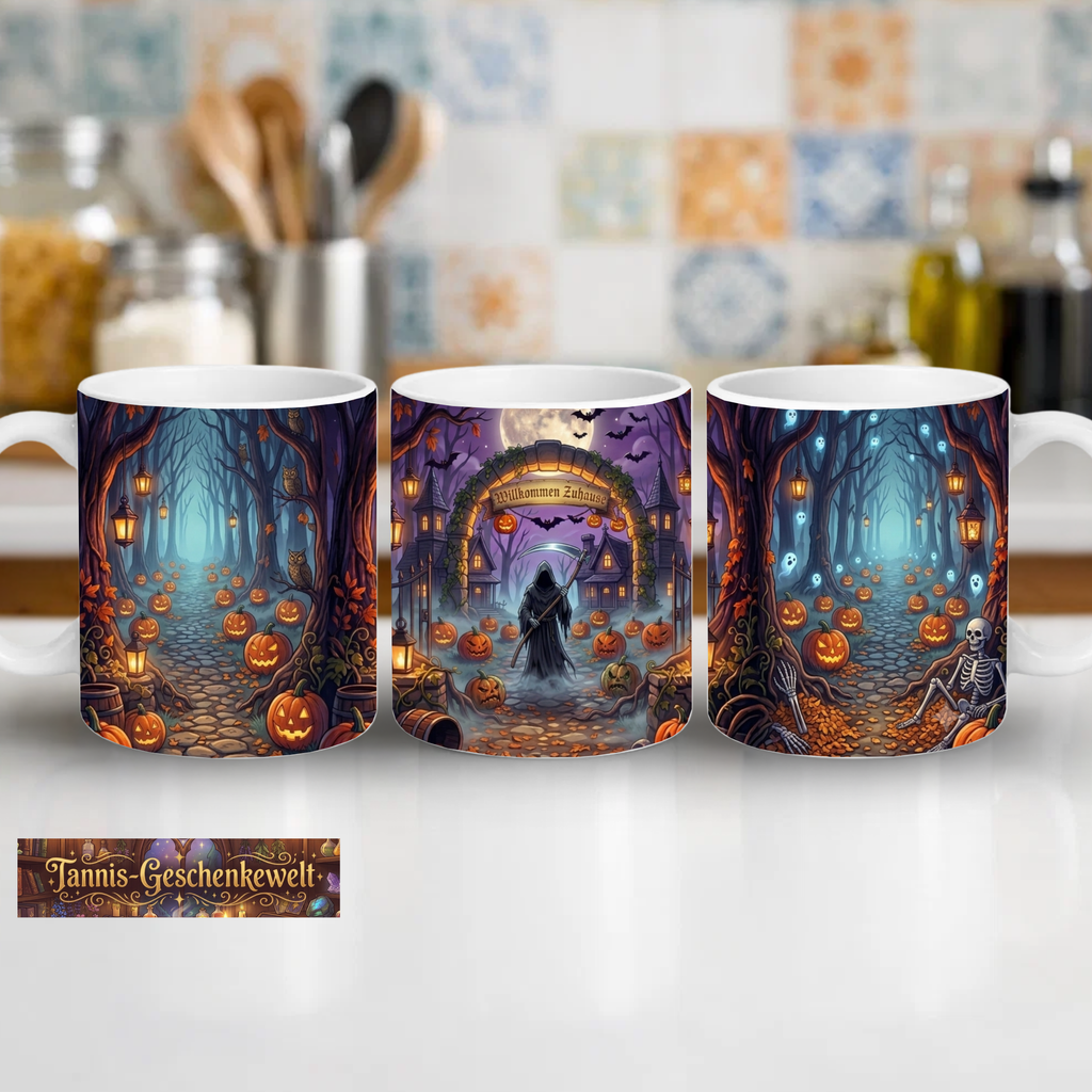 Halloween-Eingang mit Sensenmann – Gruselige Tasse Willkommen Zuhause