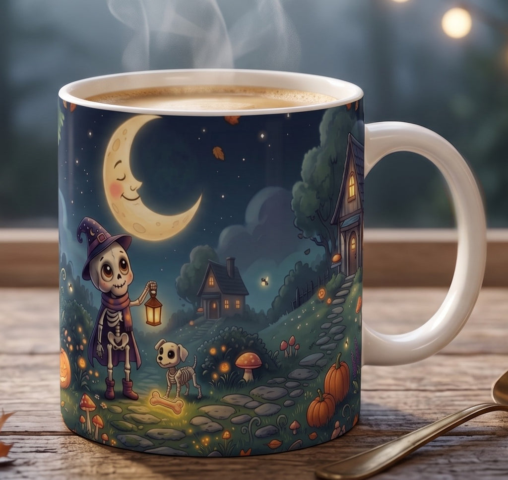 Magische Halloween-Tasse | Skelett-Kind bei Nacht