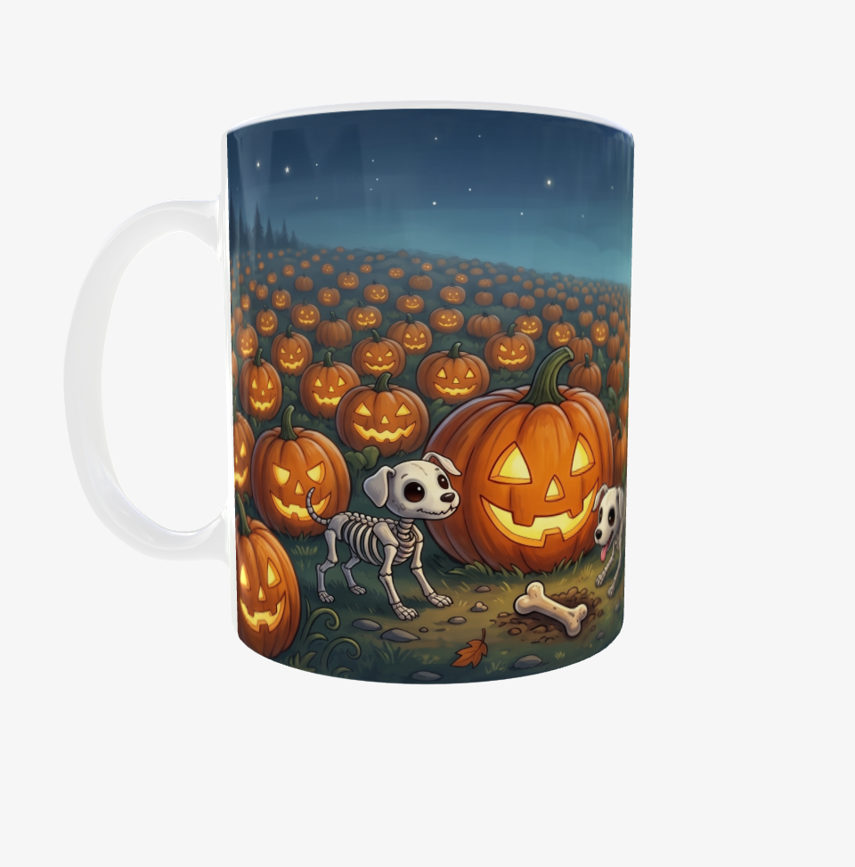 Halloween-Tasse | Skelett-Hexenkind im Kürbisfeld