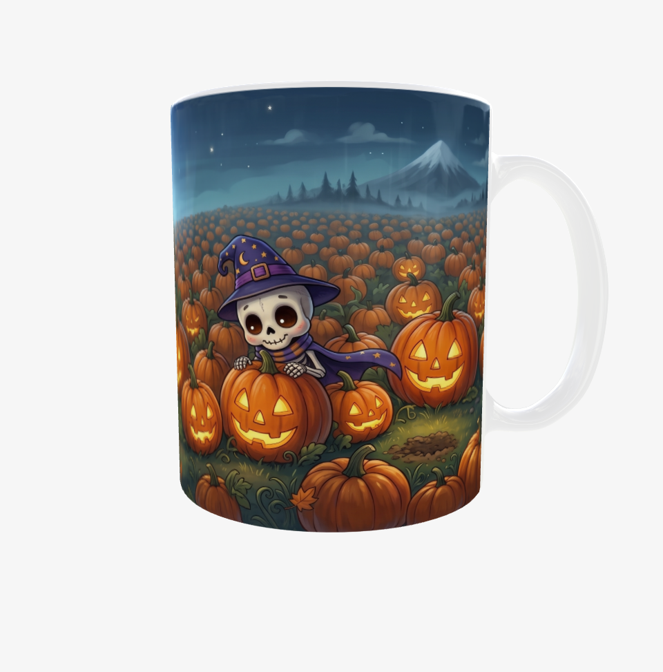 Halloween-Tasse | Skelett-Hexenkind im Kürbisfeld