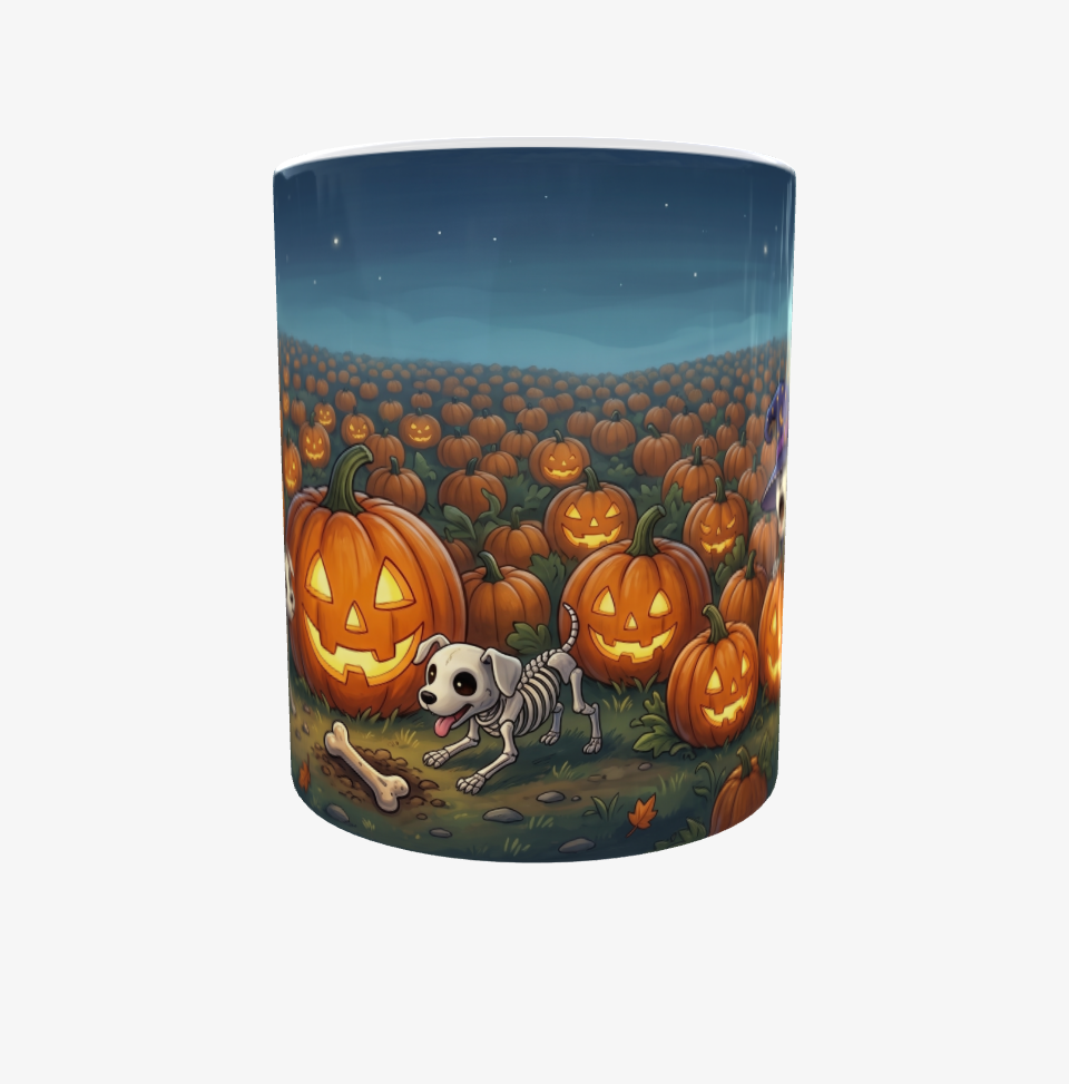 Halloween-Tasse | Skelett-Hexenkind im Kürbisfeld