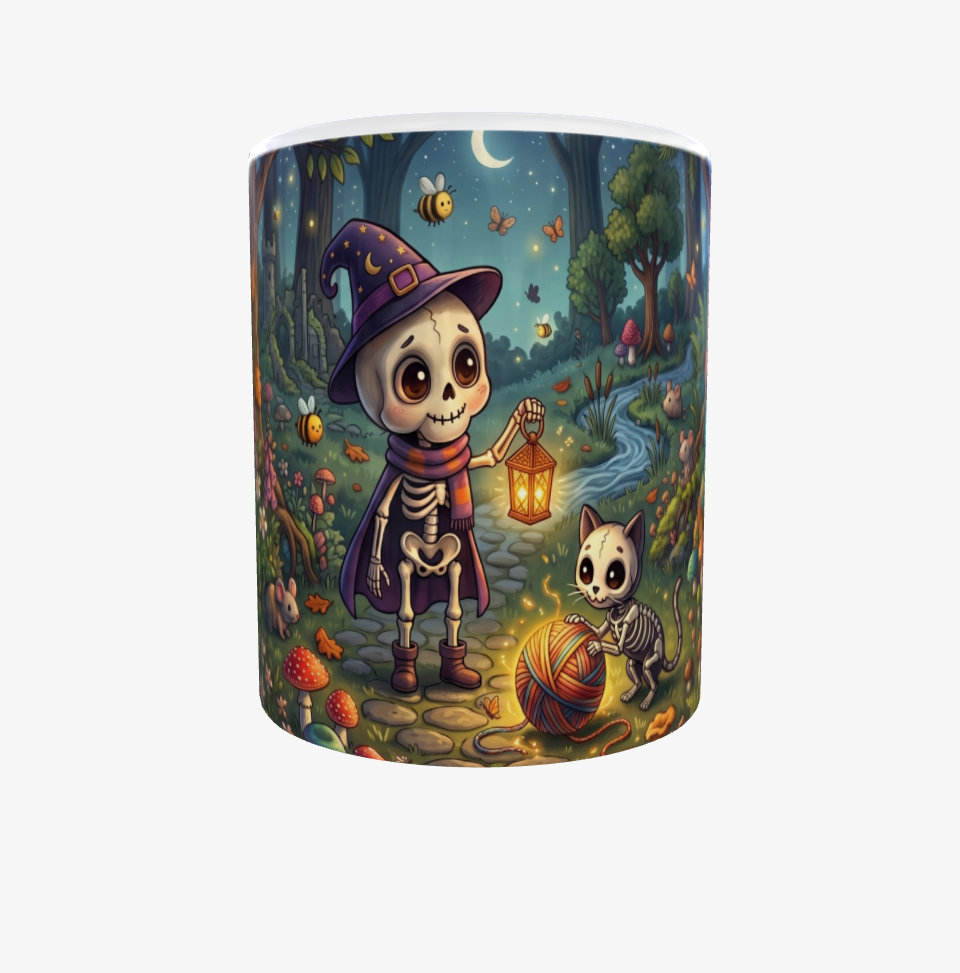 Magische Fantasy-Tasse mit Skelett & Katze