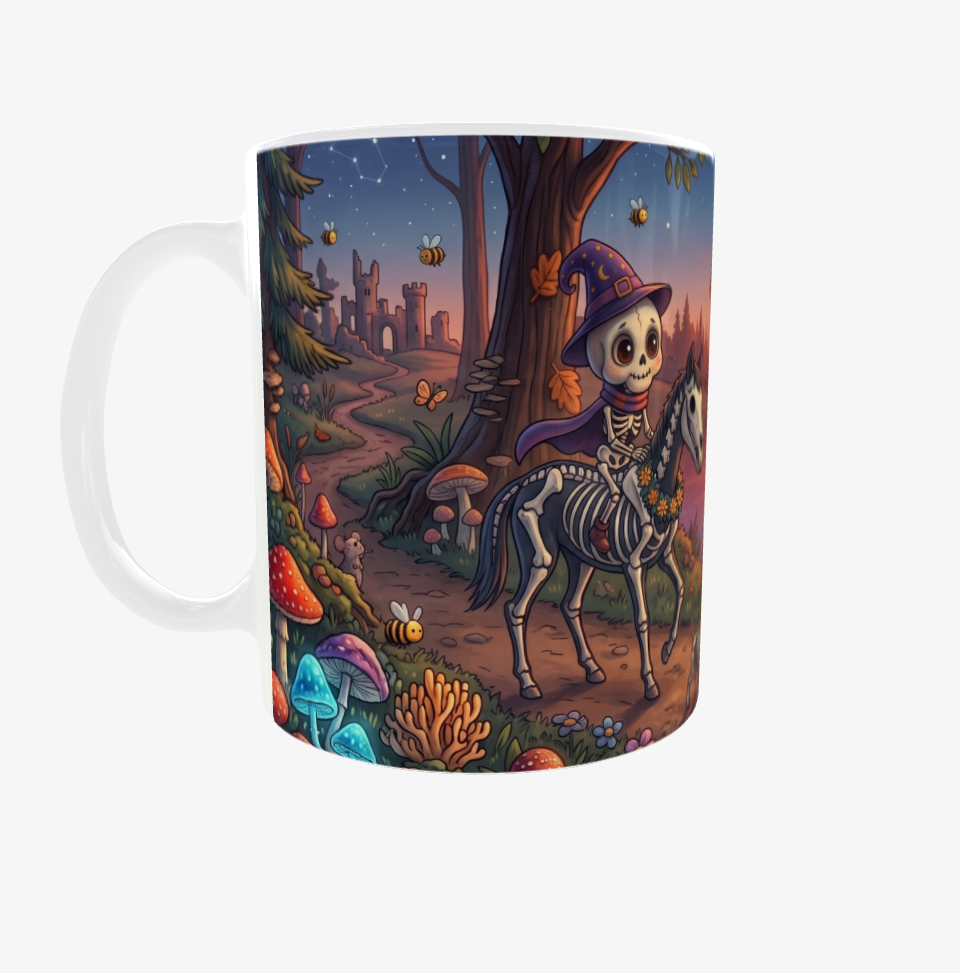 Magische Fantasy-Tasse mit niedlichem Skelett am See