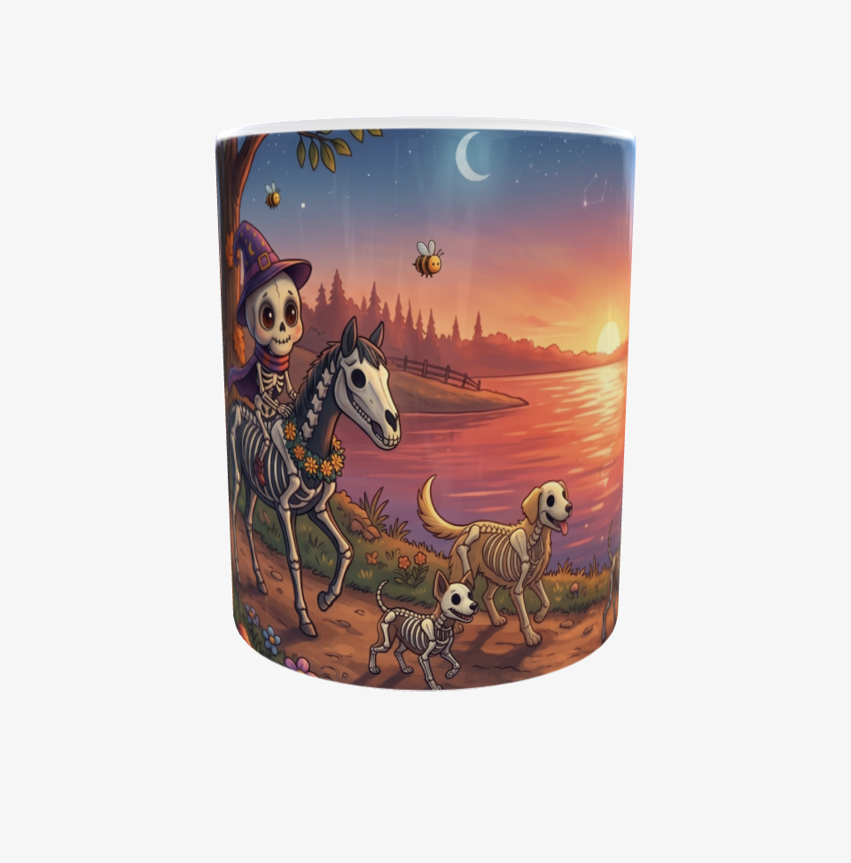 Magische Fantasy-Tasse mit niedlichem Skelett am See