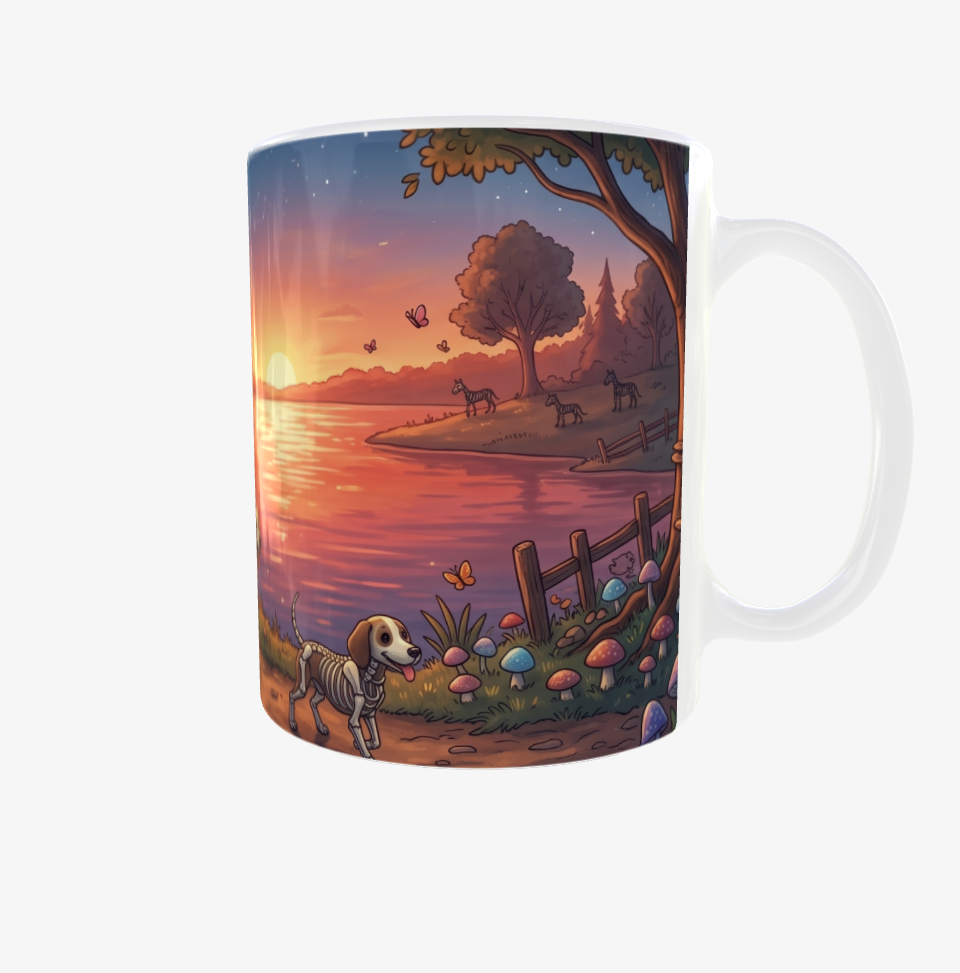 Magische Fantasy-Tasse mit niedlichem Skelett am See