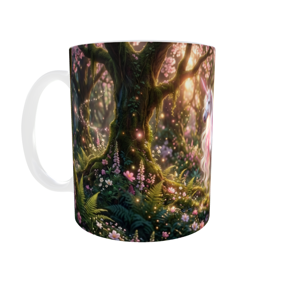 Weißes Einhorn im Kirschblütenwald – Magische Kindertasse