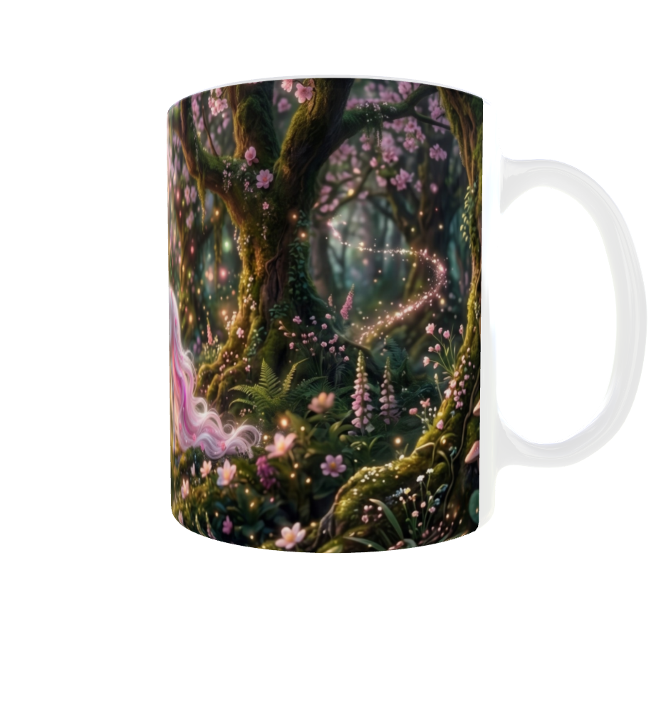 Weißes Einhorn im Kirschblütenwald – Magische Kindertasse