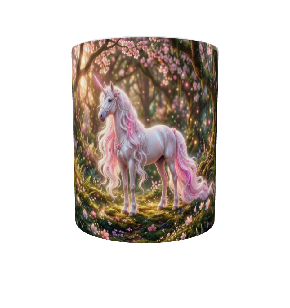 Weißes Einhorn im Kirschblütenwald – Magische Kindertasse