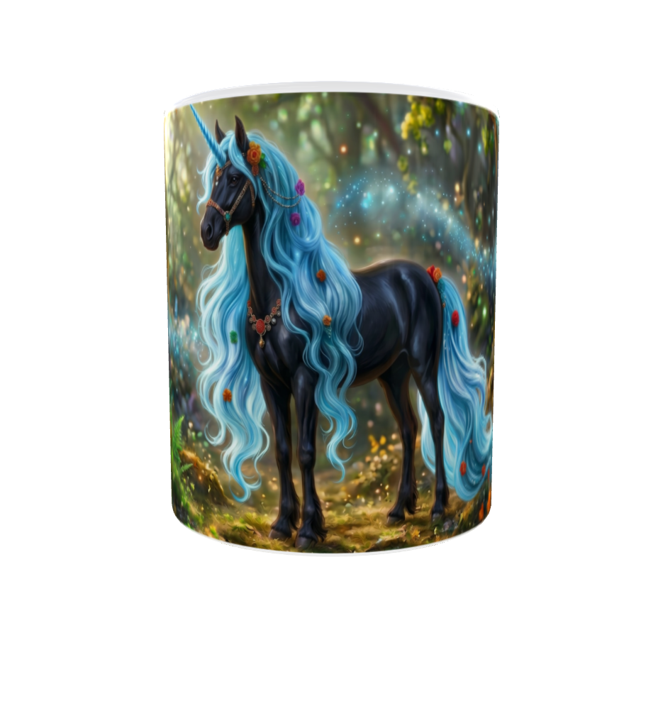 Schwarzes Einhorn mit Hellblauer Mähne – Magische Kindertasse