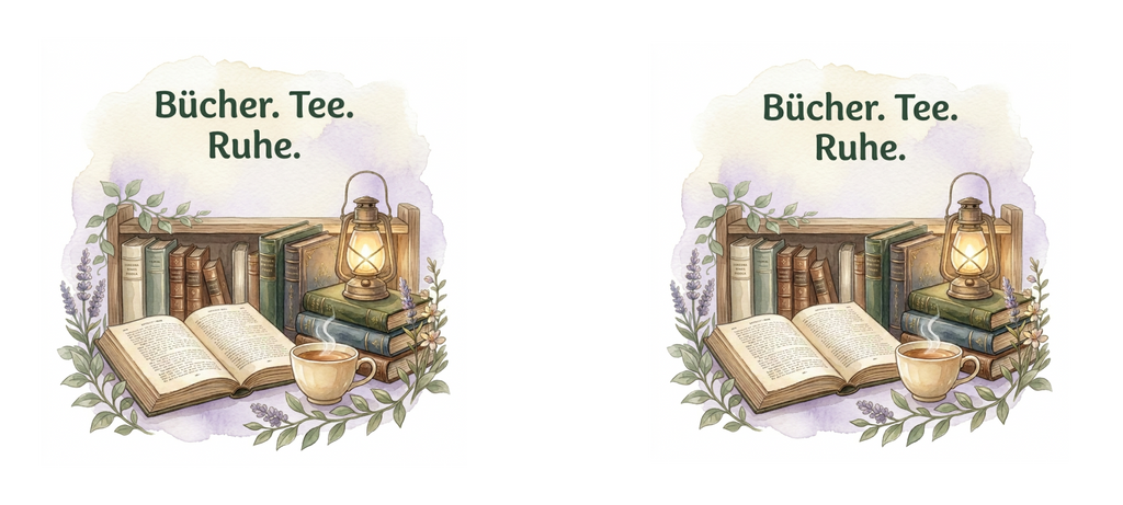 Zwei nebeneinander angeordnete Lesemotive ‚Bücher. Tee. Ruhe.‘ mit Bücherregal, offenem Buch, Tee und Laterne