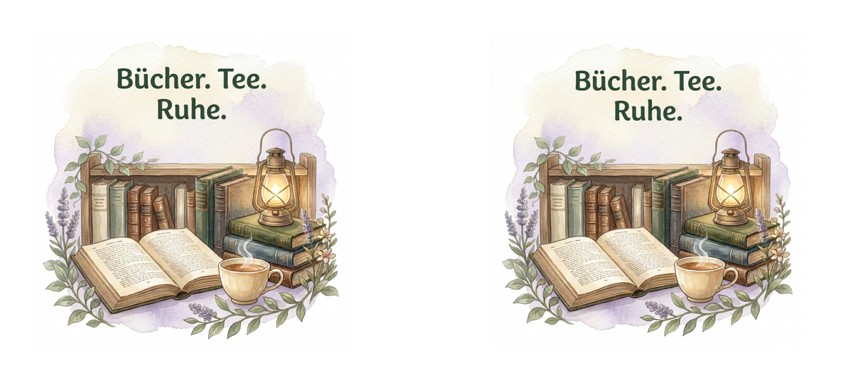Zwei nebeneinander angeordnete Lesemotive ‚Bücher. Tee. Ruhe.‘ mit Bücherregal, offenem Buch, Tee und Laterne
