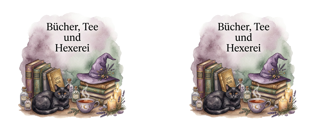 Druckvorlage mit zweimal dem Motiv „Bücher, Tee und Hexerei“, schwarzer Katze, Zauberbüchern, Hexenhut, Tee und Kerzen.