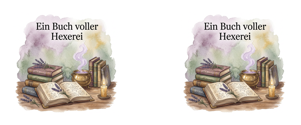 Druckvorlage mit zweimal dem Motiv „Ein Buch voller Hexerei“, Zauberbuch, Bücherstapeln, dampfendem Kessel und Kerze.