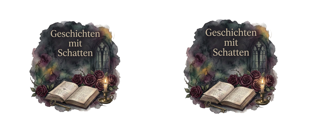Druckvorlage mit zweimal dem Gothic-Motiv „Geschichten mit Schatten“, altem Buch, Rosen, gotischem Fenster und Kerze.