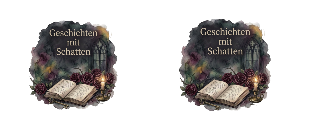 Druckvorlage mit zweimal dem Gothic-Motiv „Geschichten mit Schatten“, altem Buch, Rosen, gotischem Fenster und Kerze.
