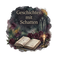 Dunkles Aquarellmotiv „Geschichten mit Schatten“ mit offenem alten Buch, burgunderroten Rosen, verziertem Schlüssel, gotischem Fenster und Kerzenlicht