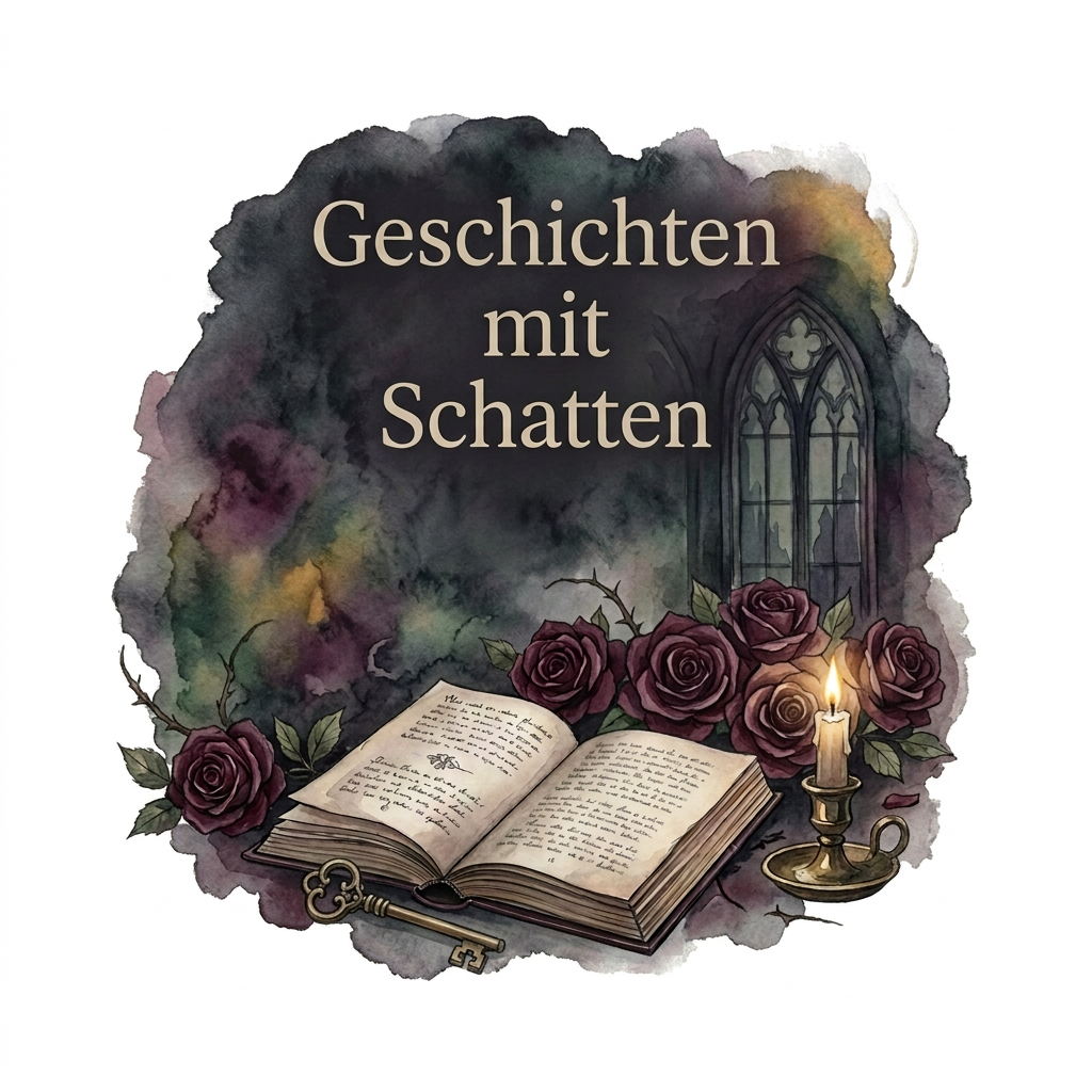 Dunkles Aquarellmotiv „Geschichten mit Schatten“ mit offenem alten Buch, burgunderroten Rosen, verziertem Schlüssel, gotischem Fenster und Kerzenlicht