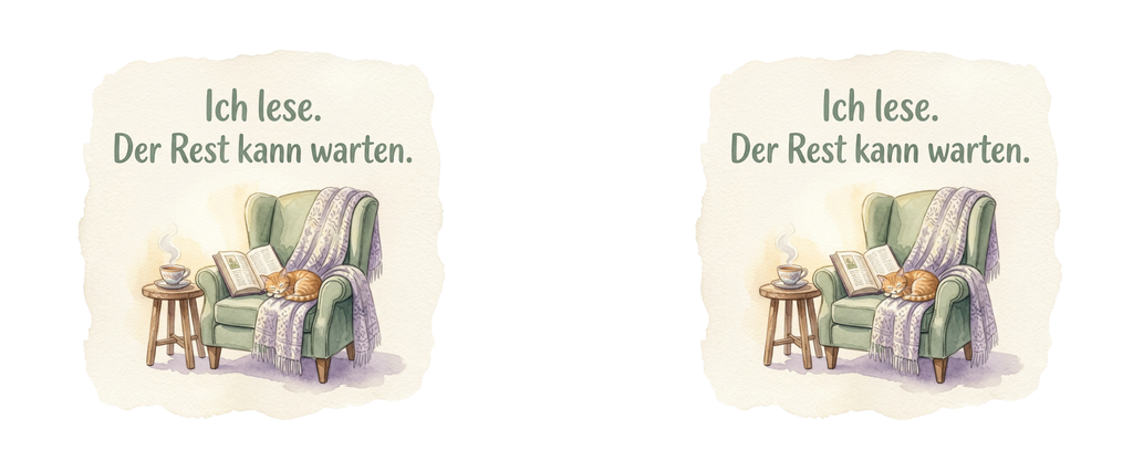 Druckvorlage mit zweimal dem Motiv „Ich lese. Der Rest kann warten.“, grünem Lesesessel, schlafender Katze, Buch und Tee.