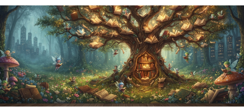 Lese-Tasse – Magischer Bücherbaum im Feenwald