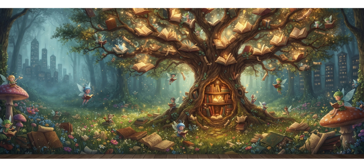 Lese-Tasse – Magischer Bücherbaum im Feenwald
