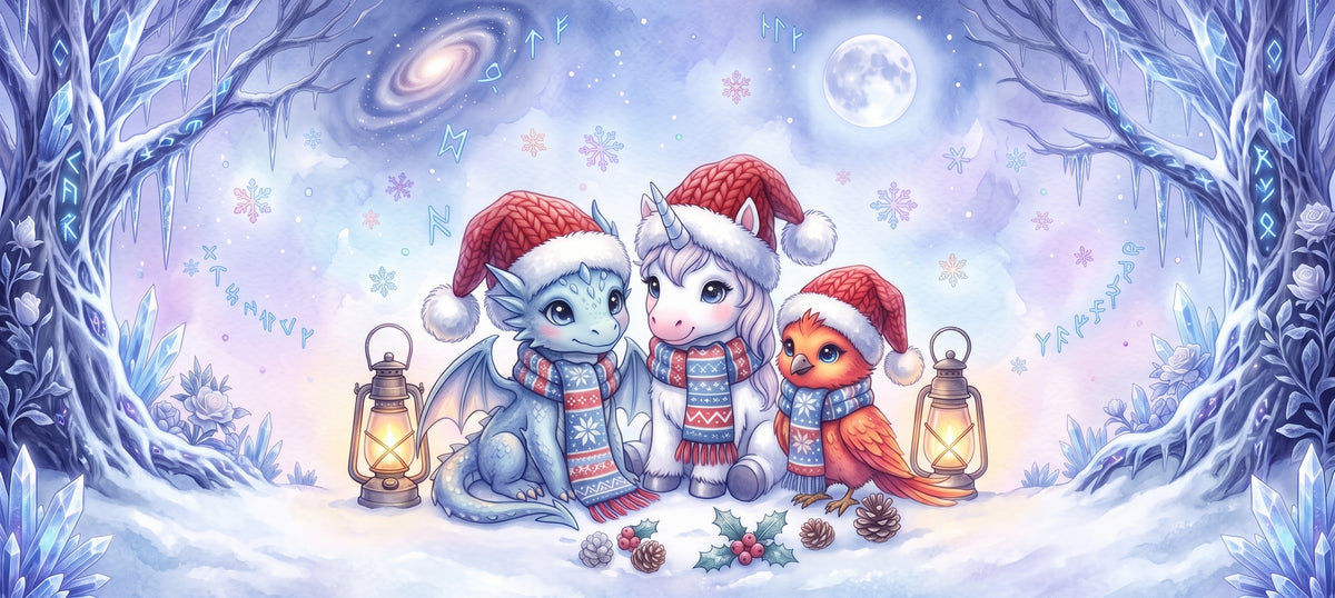 Wintertasse – Drache, Einhorn und Phönix im Schnee