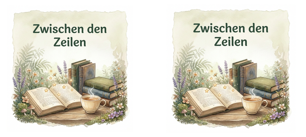 Zwei nebeneinander angeordnete Lesemotive ‚Zwischen den Zeilen‘ mit offenem Buch, goldenen Sternen, Bücherstapeln und Tee.