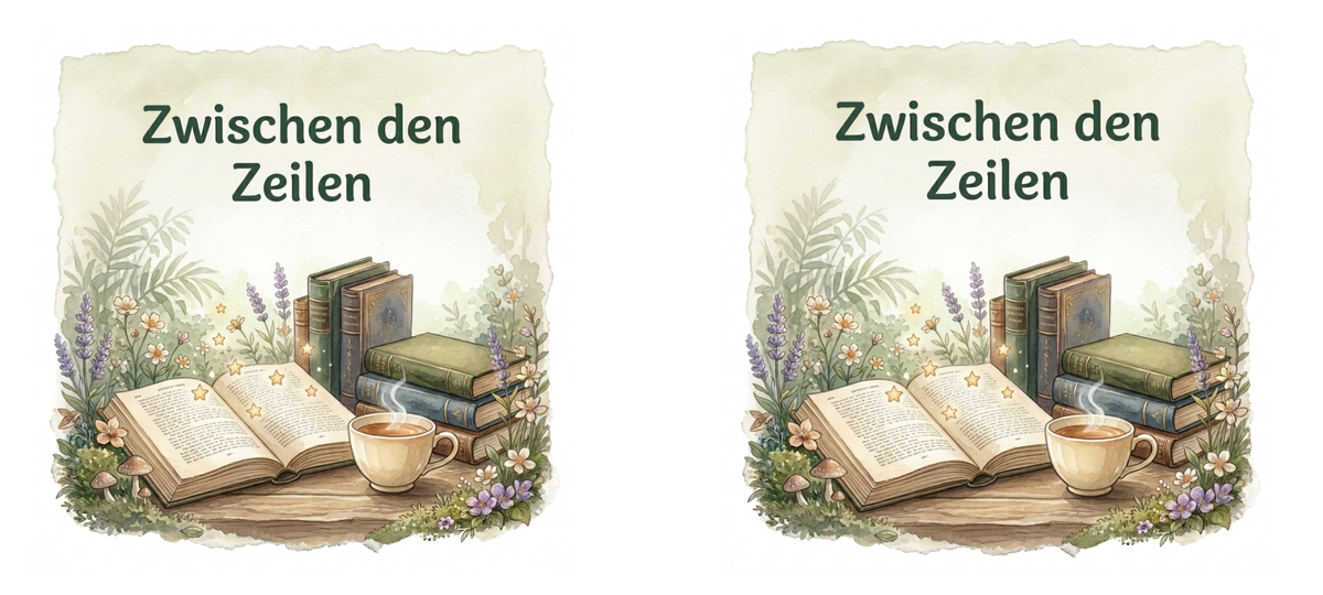 Zwei nebeneinander angeordnete Lesemotive ‚Zwischen den Zeilen‘ mit offenem Buch, goldenen Sternen, Bücherstapeln und Tee.