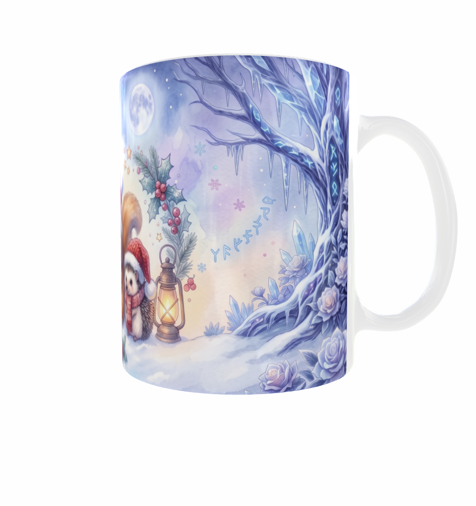 Wintertasse – Fuchs, Eichhörnchen und Igel im Winterwald