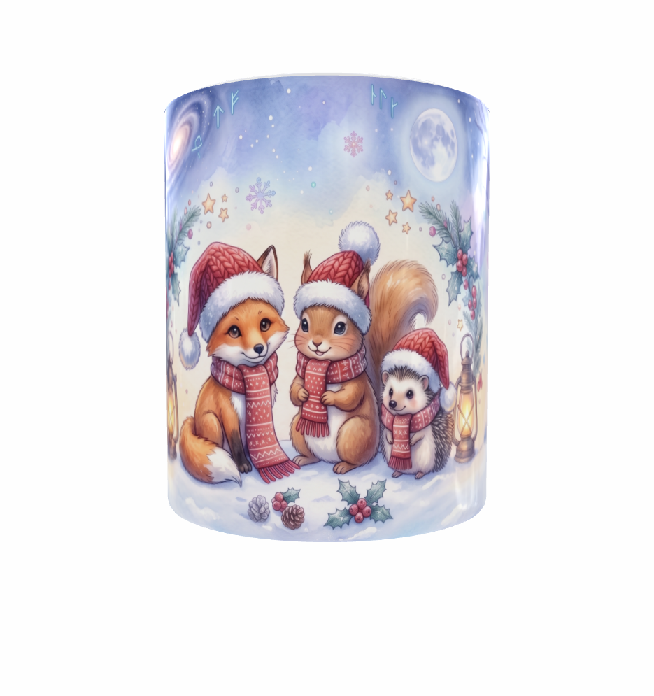 Wintertasse – Fuchs, Eichhörnchen und Igel im Winterwald