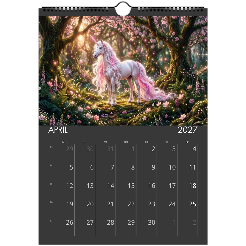 Wandkalender Einhörner 2027 April – Weißes Einhorn mit rosa Mähne im blühenden Frühlingswald mit Glitzerlicht