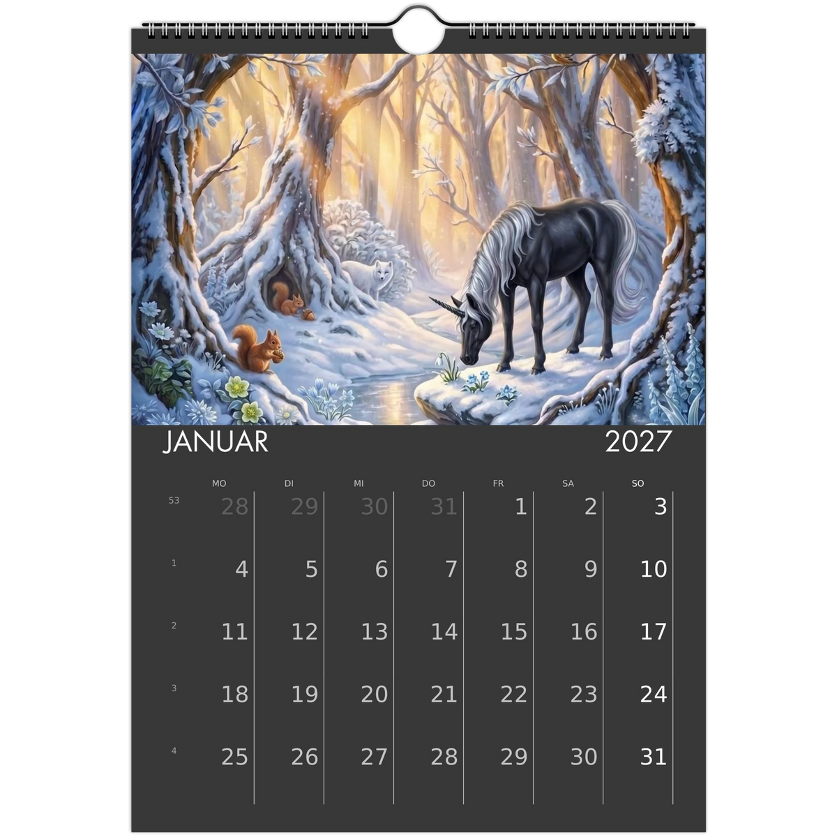 Wandkalender Einhörner 2027 Januar – Schwarzes Einhorn im verschneiten Winterwald mit Eichhörnchen und weißem Fuchs