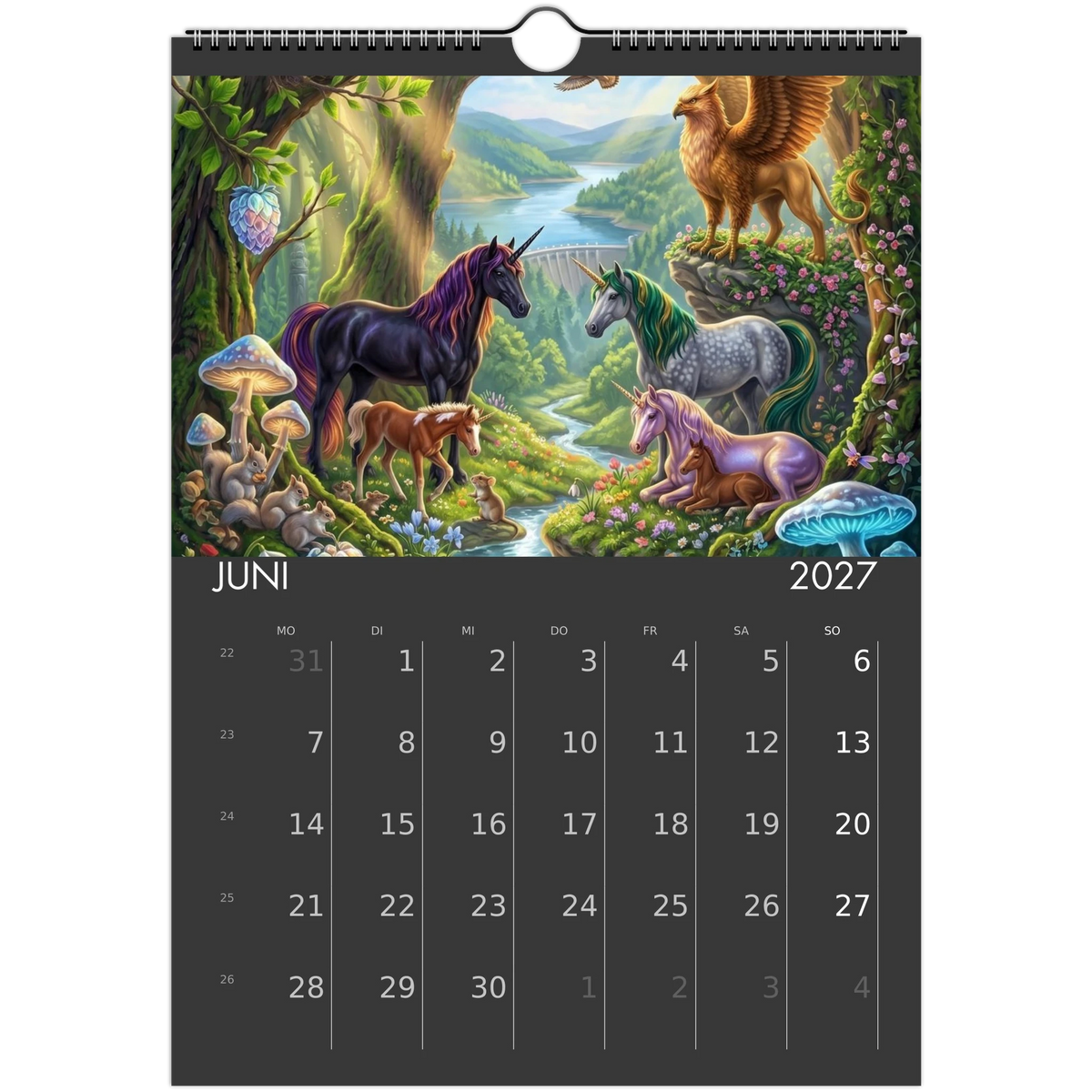Wandkalender Einhörner 2027 Juni – Einhörner und Greif in magischer Waldlandschaft mit Fluss und Pilzen