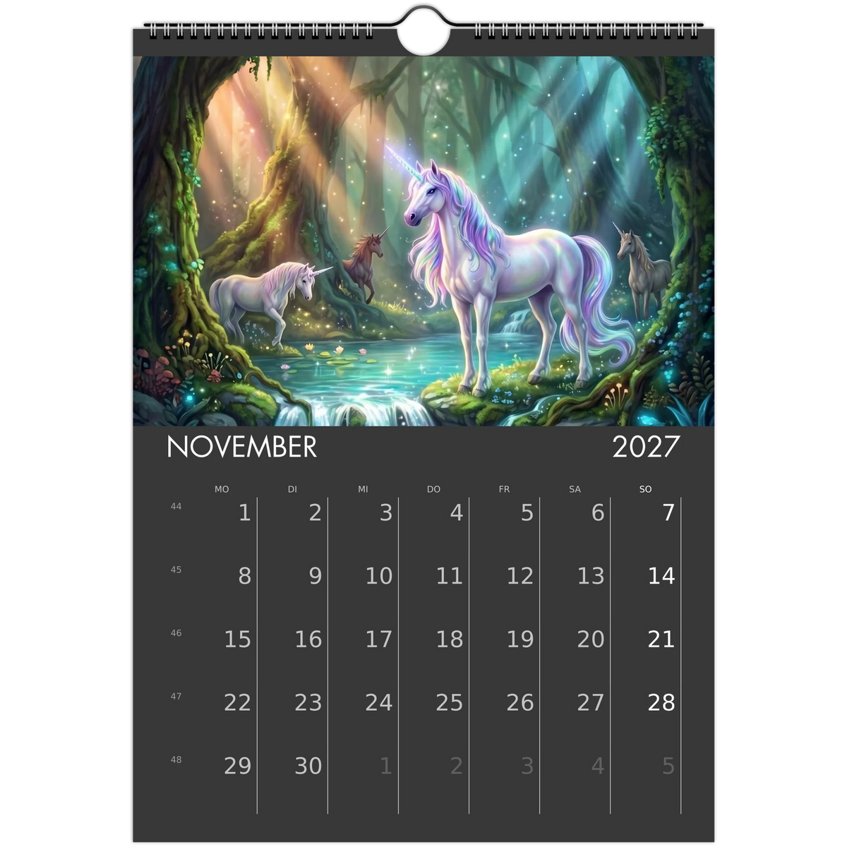 Wandkalender Einhörner 2027 November – Weiße Einhörner in leuchtendem Zauberwald mit Wasserfall