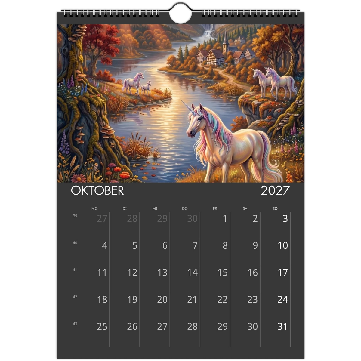 Wandkalender Einhörner 2027 Oktober – Einhorn mit Regenbogenmähne an herbstlichem Fluss mit Dorf im Hintergrund