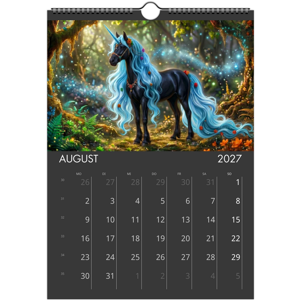 Wandkalender Magische Einhörner 2027 August – Schwarzes Einhorn mit türkiser Mähne im leuchtenden Zauberwald mit Glitzerlicht