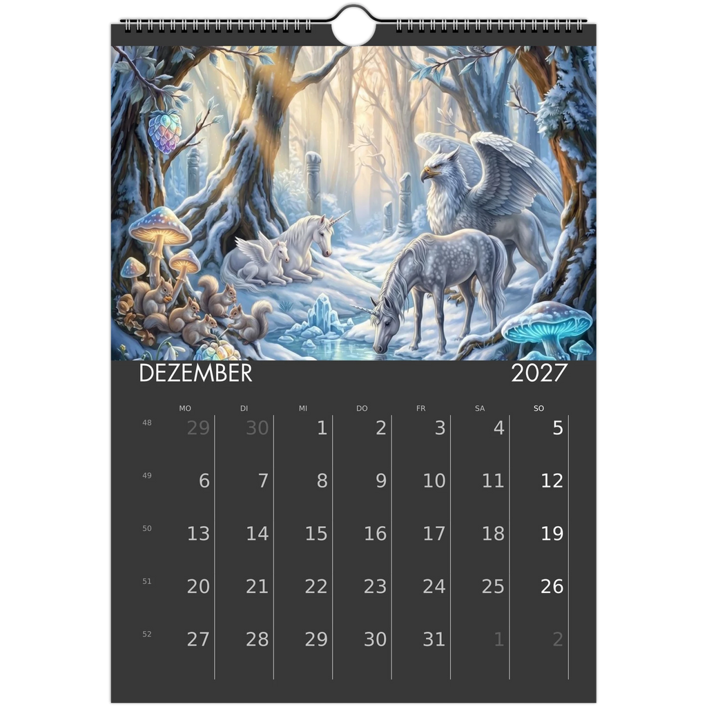 Wandkalender Magische Einhörner 2027 Dezember – Weiße Einhörner und Greif im verschneiten Winterwald mit Eichhörnchen und leuchtenden Pilzen