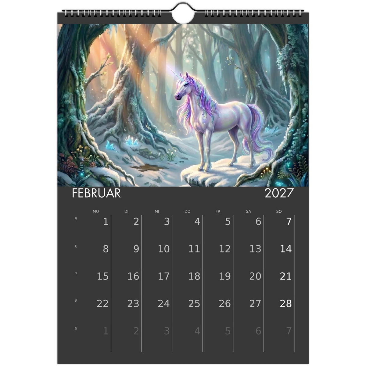 Wandkalender Magische Einhörner 2027 Februar – Weißes Einhorn mit lila Mähne im verschneiten Winterwald mit leuchtenden Kristallen
