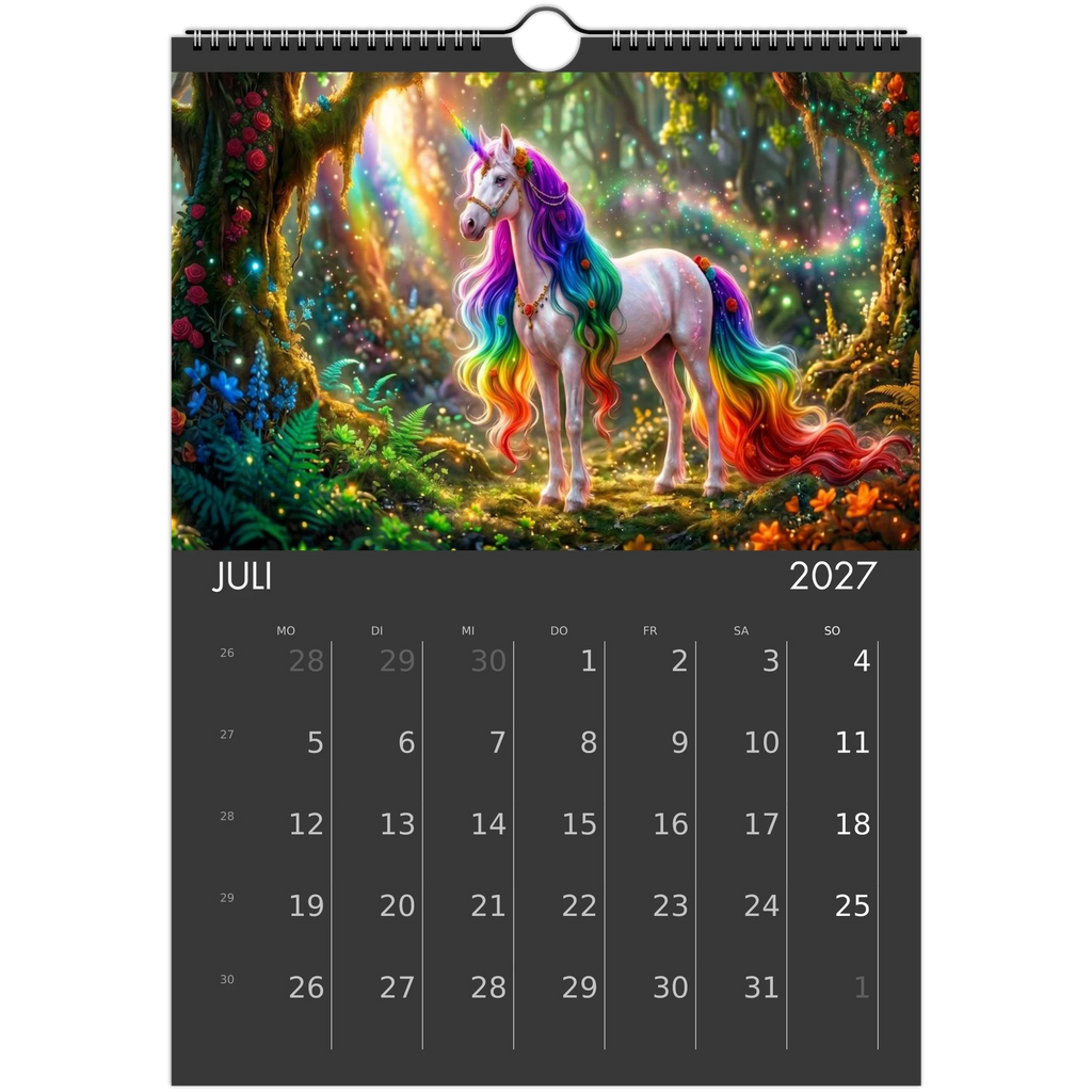 Wandkalender Magische Einhörner 2027 Juli – Weißes Einhorn mit Regenbogenmähne in magisch leuchtendem Sommerwald