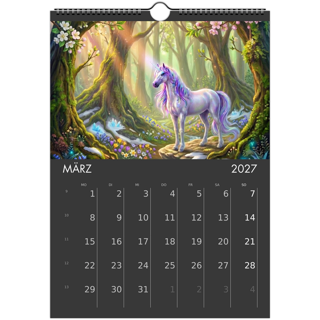 Wandkalender Magische Einhörner 2027 März – Weißes Einhorn mit lila Mähne in blühendem Frühlingswald mit Kirschblüten und Kristallen