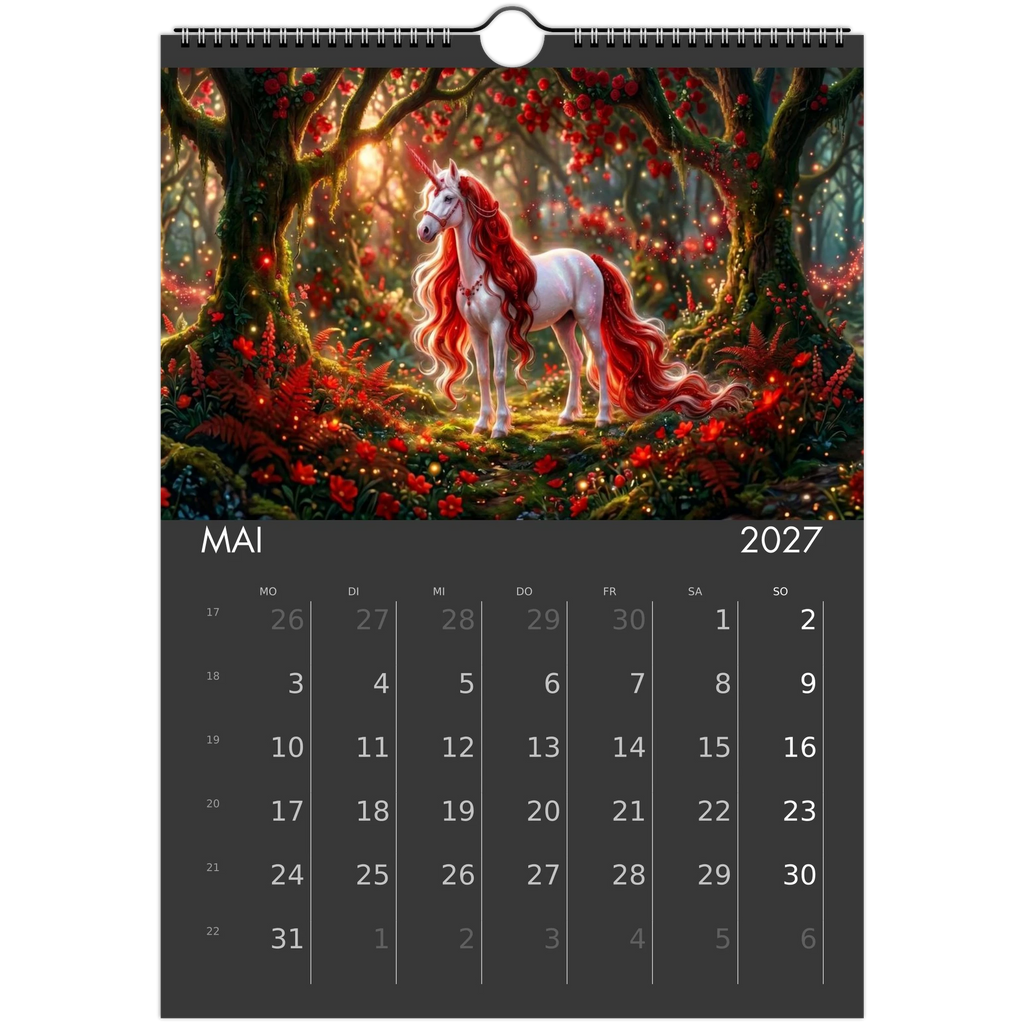 Wandkalender Magische Einhörner 2027 Mai – Weißes Einhorn mit roter Mähne in leuchtendem roten Blütenwald bei Sonnenuntergang