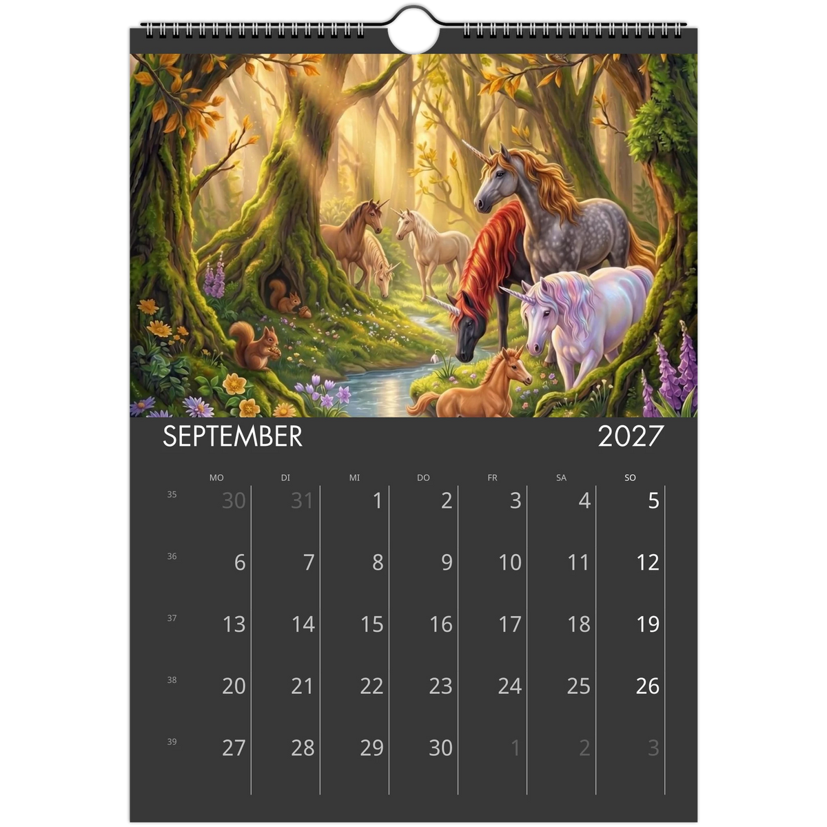 Wandkalender Magische Einhörner 2027 September – Einhorn-Herde mit Fohlen in herbstlichem Zauberwald mit Bach