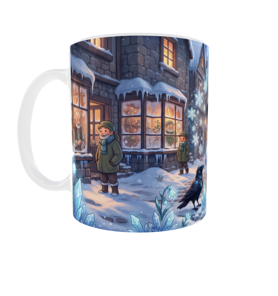 Winterhexe Tasse – Rückseite mit Zauberstadt, Laternen und winterlicher Dorfszene