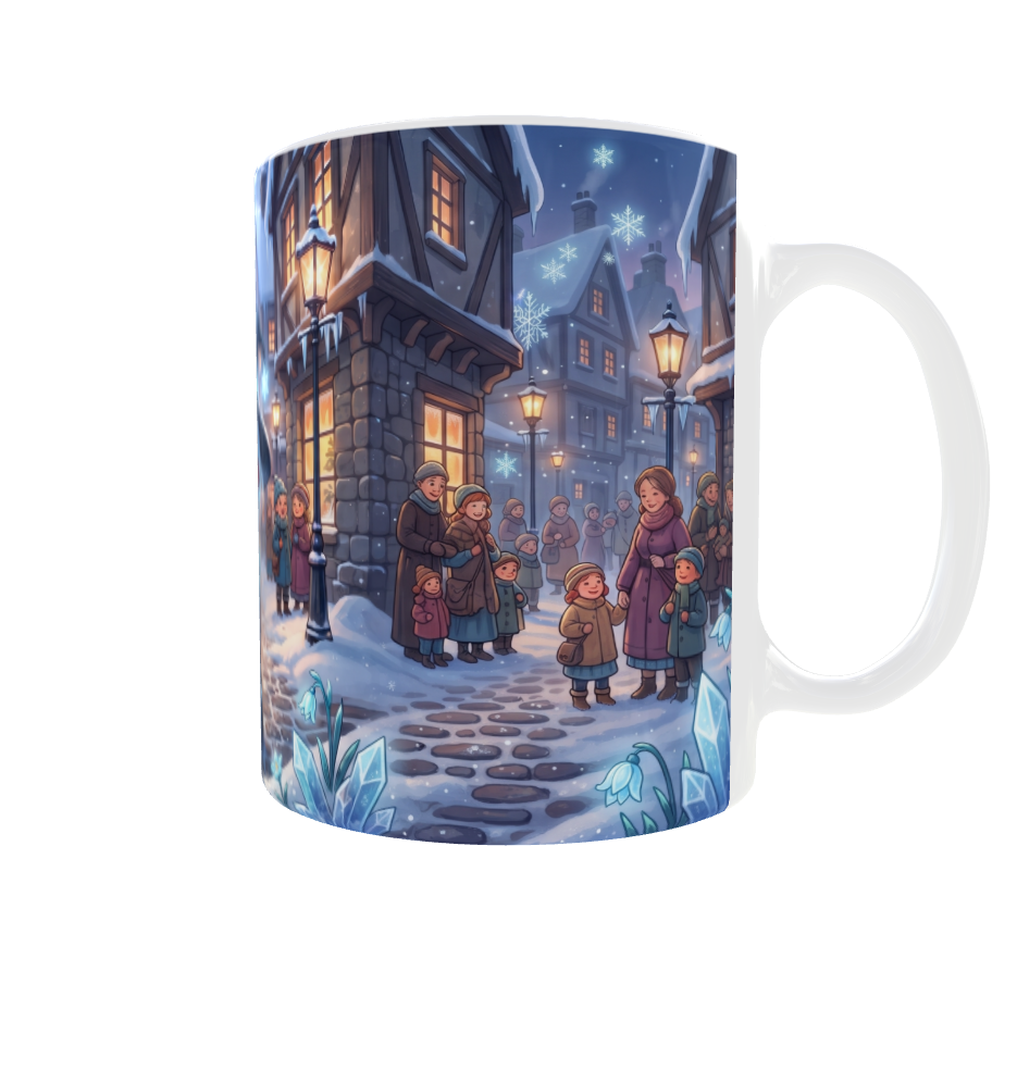 Winterhexe Tasse – Seitenansicht mit verschneiten Häusern und warmem Winterlicht