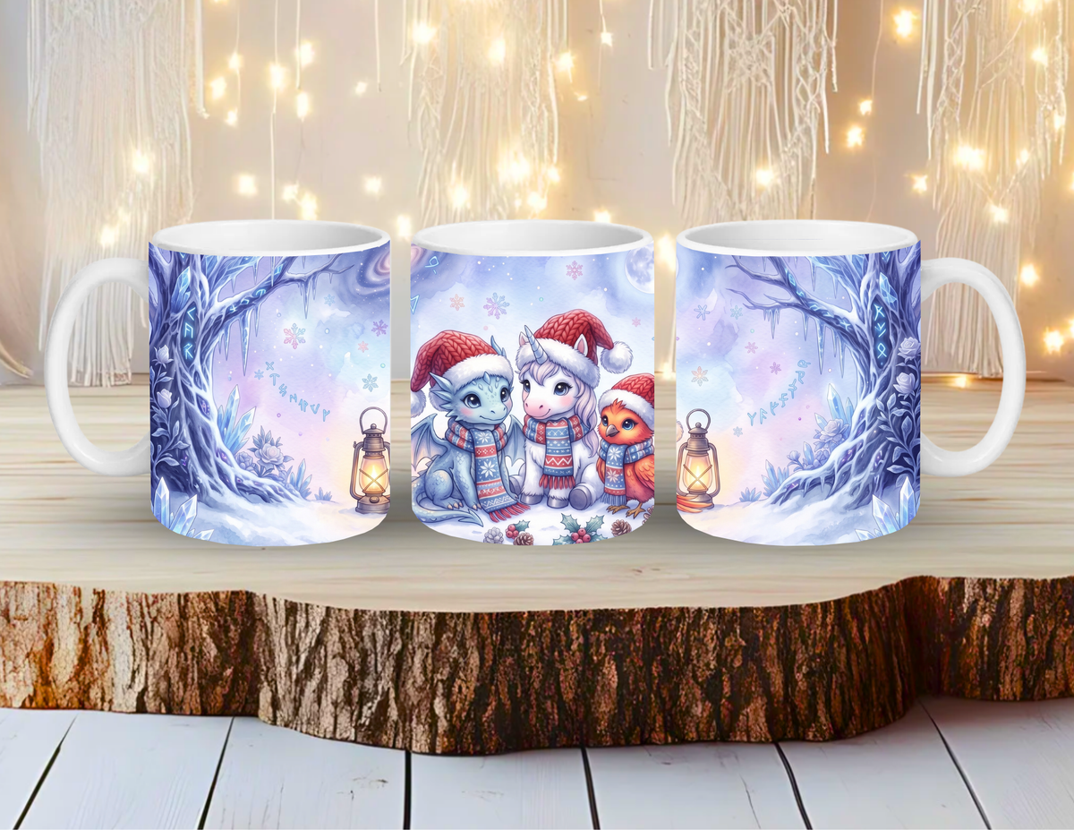Wintertasse – Drache, Einhorn und Phönix im Schnee