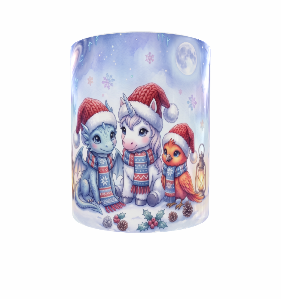 Wintertasse – Drache, Einhorn und Phönix im Schnee